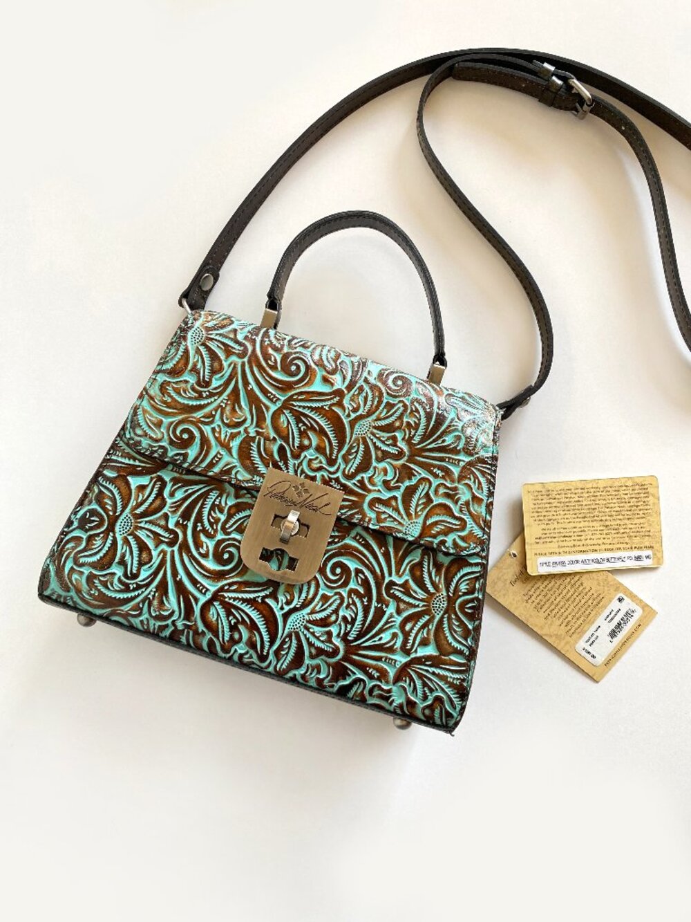 Patricia Nash Leather Tooled Chauny Turquoise Handbag Crossbody Top Handle